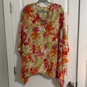 Lace-Up Floral Tunic Top in Cream and Orange